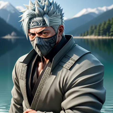 a highly detailed portrait of Kakashi Hatake standing in a serene lake, masterpiece, best quality, ultra-detailed, absurdly detailed, best lighting and shadows, razor-sharp focus, extremely detailed face, eyes, hair, full body, 8K, 4K, UHD, ray-traced, bea...