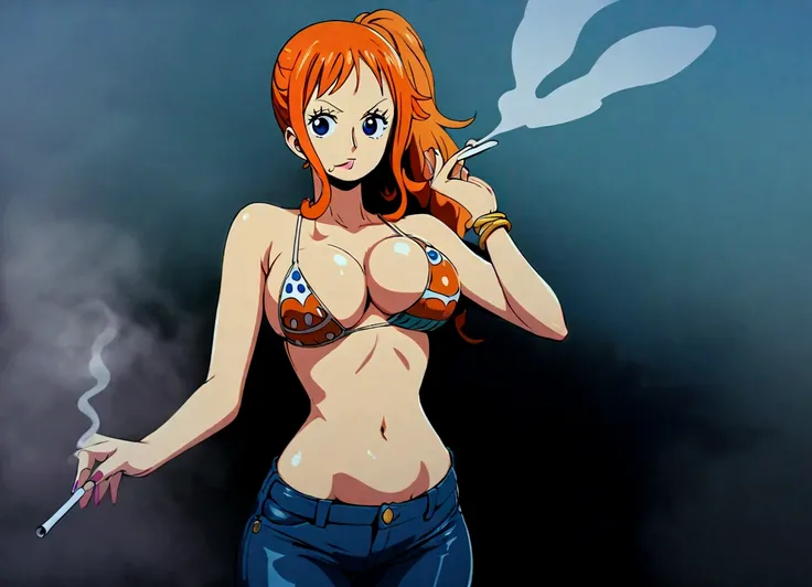 a cartoon picture of a woman in a bikini top and jeans, nami one piece, nami from one piece, nami, beautiful portrait of nami, from one piece, oppai, blue eyes, smoking, ponytail, nsfw