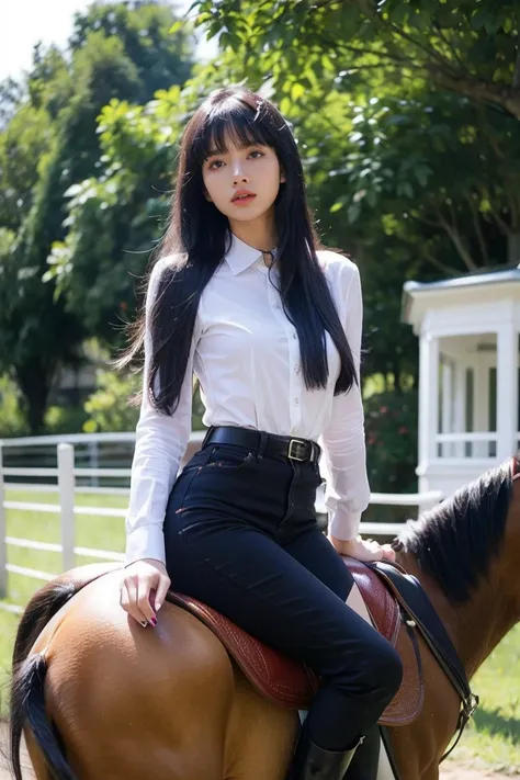 21yo girl, black hair, sexy outfit, Horseback riding