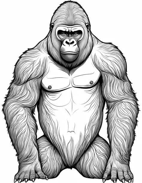 Childrens gorilla, black and white outline art, all white coloring pages, white background