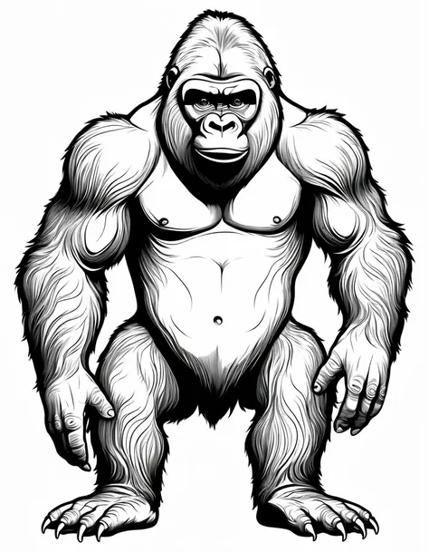 children's gorilla, black and white outline art, all white coloring pages, white background