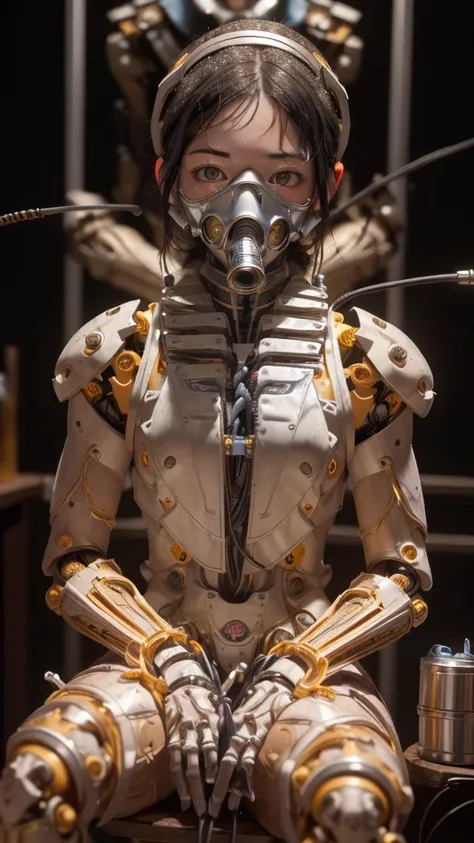 (((masterpiece))), (((Highest quality))), ((Very detailed)), (Highly detailed CG illustrations), ((close your eyes)), ((gas mask)), ((bare hands)) ((Very delicate and beautiful)),(Cute and delicate face),Cinematic Light,((1. Machine Girl)),alone,whole body...