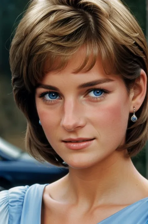 Show me a Lady Diana with SHORT LIGHT BROWN HAIR, with VERY STRONG blue eyes, 19 years old with a small nose