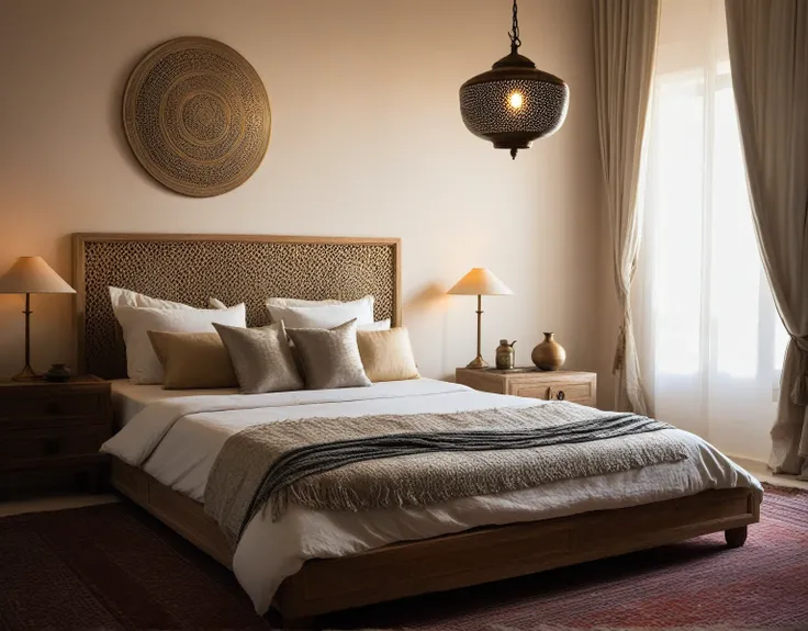 there is a bed with a lamp on it in a bedroom, inspired by Riad Beyrouti, serene bedroom setting, soft natural lighting, serene and peaceful style, hard morning light, dimly lit bedroom, afternoon lighting, dim bedroom, morning lighting, afternoon light, o...