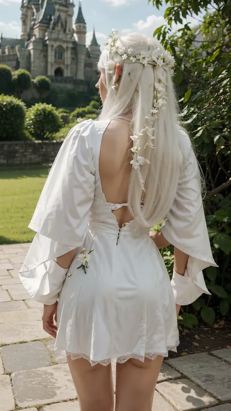 Female Elf,standในปราสาทเอลฟ์มีน้ำตก,stand,Long white hair with flowers on it,Beautiful white elf outfit,standในปราสาทหินปูนสีขาว,Behind there is a large castle.