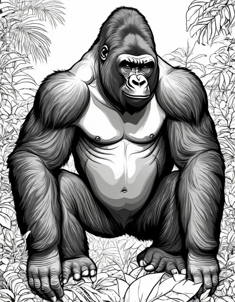 gorilla , black and white outline art, all white coloring pages, white background, coloring pages that 5-6 year olds will enjoy