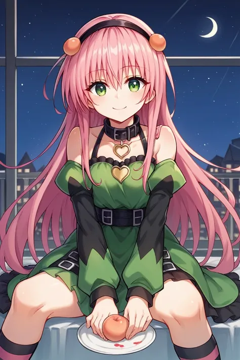 To Love-Ru,peach,score_9, score_8_superior, sauce_anime, Blake 1girl tlrmomo, Pink Hair, hair ornaments, hair band, Black and green dress, Detachable collar, Removable sleeves, Black Skirt, Striped knee socks, Sitting, Night Sky, 屋superior, smile, I&#39;m ...