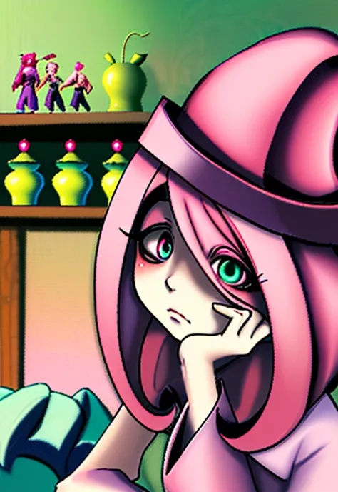 
An anime girl with a white hat and dark pink hair is sitting in the room, Image inspired by Leiko Ikemura, Tumblr, mingei, Little Witch Academy, sakura haruno in slug sage mode, alchemist girl , She has a distant expression , & Her expression is solemn, M...