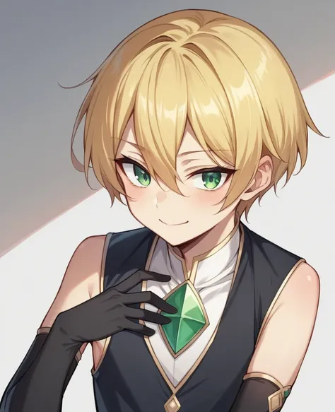 （One girl）、((short hair))、((Blonde))、（Sato Air）、(boyish)、((flat chest))、green eyes、(Healer)、Black Vest、((hairs between eyes))、(long gloves)、[light smile]