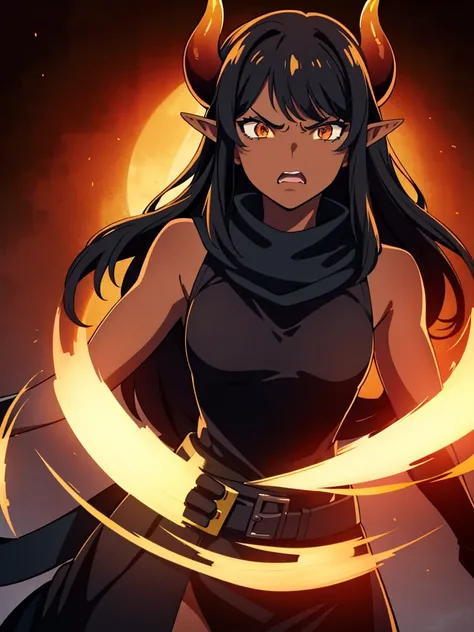 1girl ,25s,adult,tall,angry face,long hair, black hair,horns,elf ears,orange eyes,((black scarf)),((dark skin)),1girl ,25s,angry face,portrait,