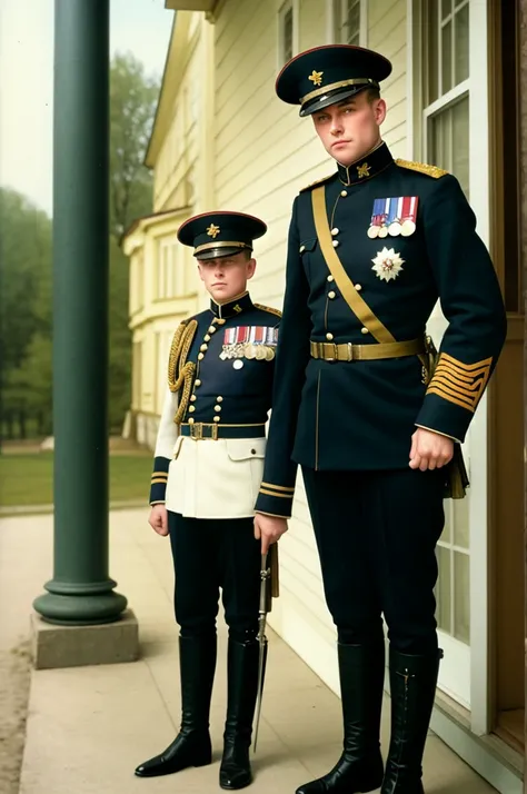 a black and white photo of a man in uniform standing on a porch, a colorized photo by August Sander, flickr, fine art, nicholas ii of russia, young tsar, xix century military outfit, author unknown, in military uniform, in a soldier uniform, majesty in nob...