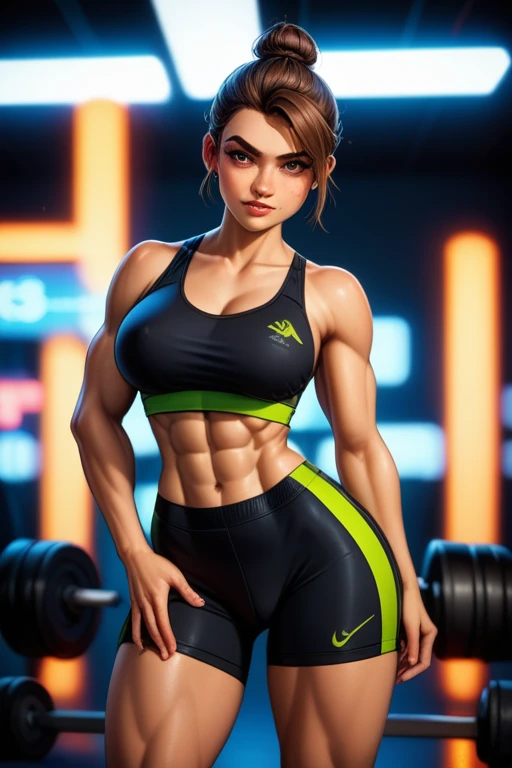 24-year-old Caucasian female fitness instructor; tomboy; athletic build; muscles; short dark brown hair tied in a small bun; hazel eyes; subtle cybernetic enhancements; fair skin; wears high-tech workout attire including sports bras, compression shorts, an...