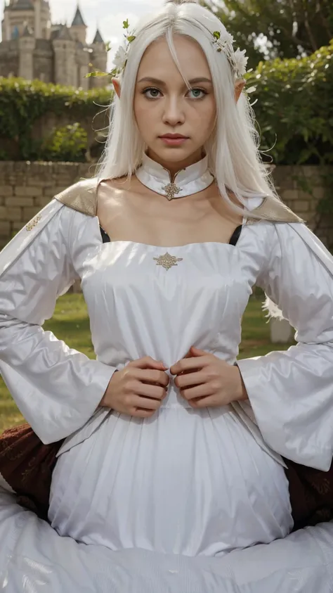 Female Elf,standในปราสาทเอลฟ์มีน้ำตก,stand,Long white hair with flowers on it,Beautiful white elf outfit,standในปราสาทหินปูนสีขาว,Behind there is a large castle.,the Lord of the Rings 