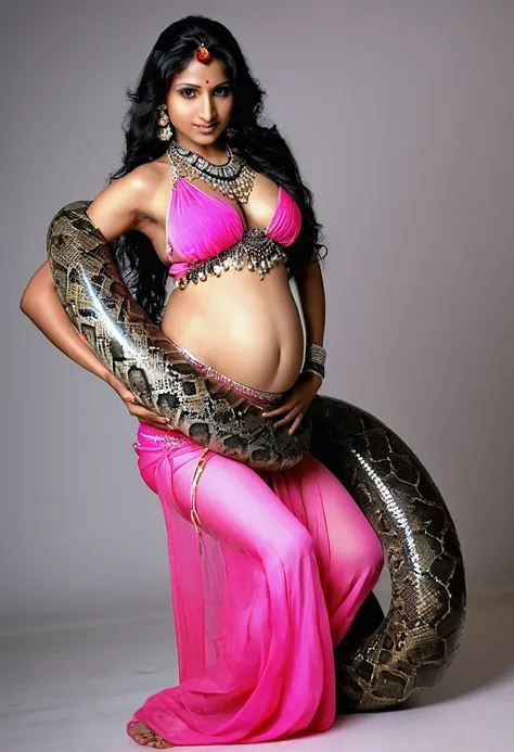 Pregnant  pink bikini Happy Horny, aroused 1girl), beautiful kneeling Indian  young teen belly dancer with  giant colossal black titanboa squeezing her hard, wrapped in thick spiraling coils, constricted, struggle, gasping for air, snake attack, snake peri...