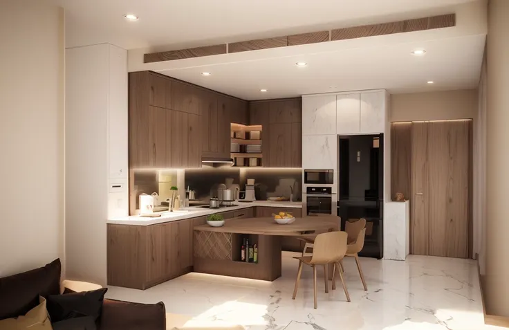 simple kitchen with several shelves to place plates and glasses, ((yellow chair, dark wood for all doors, white kitchen cabinet ...