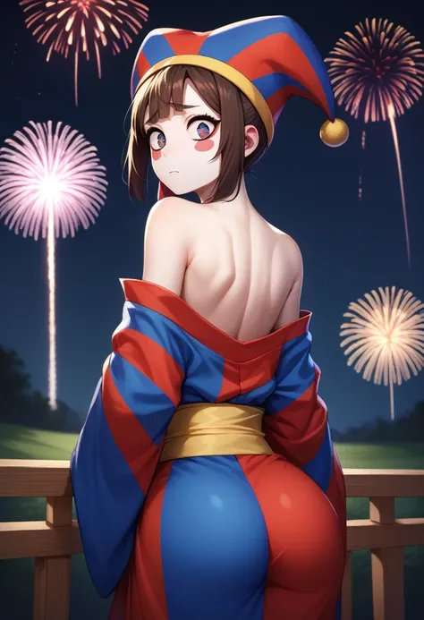 score_9, score_8_up, score_7_up, score_6_up, break from behind,kimono,off shoulder,bare shoulderr,night sky,fireworks,looking at...