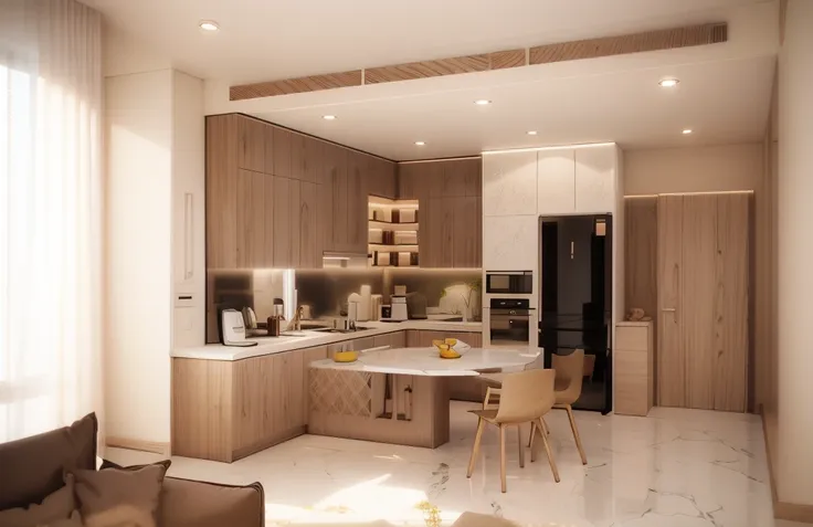 simple kitchen with several shelves to place plates and glasses, ((yellow chair, dark wood for all doors, white kitchen cabinet ...