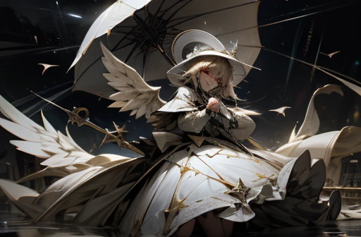 magician,White Dress,Angel Wings,Big umbrella,Rapier,heavy rain,destruction,Crazy,darkness,smile,I&#39;m sick,Masquerade Mask,human_no,droid,Deus Ex Machina,Light effects,Persona,horror style,artistic,rearistc,Black and grey world,perfect face,perfect face...