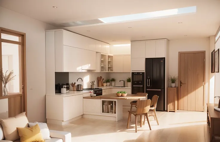 simple kitchen with several shelves to place plates and glasses, ((yellow chair, dark wood for all doors, white kitchen cabinet ...