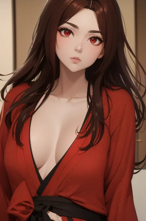 make a character well dressed with red and scarlet eyes and beautiful brown hair and well dressed in a kimono and a look of superiority of arrogance as if she were a goddess