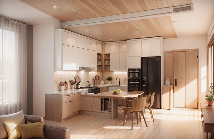 simple kitchen with several shelves to place plates and glasses, ((yellow chair, dark wood for all doors, white kitchen cabinet ...