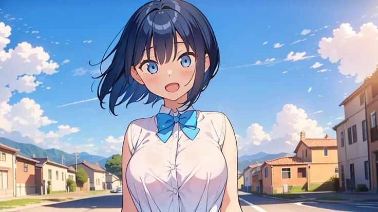 masterpiece, best quality, solo, ,
short hair, blue hair, straight hair, blue eyes, white shirt, falda corta open mouth, bowtie, large breasts, button gap, blank eyes,
blue sky, wind,