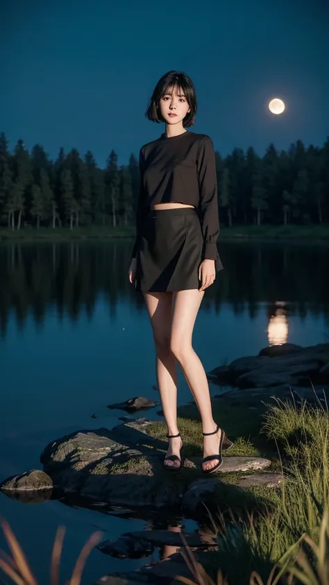 ((Best quality))((realistic))((full body))((face detail))A girl. Short black hair . Short skirt. Forest . Dark . Night.  Moon shading . lake 