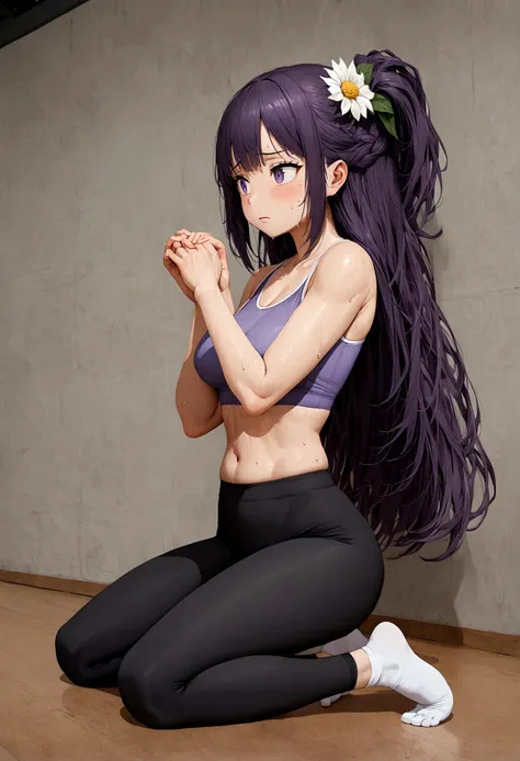 anime girl with very long dark purple hair and a flower hair accessory doing some yoga as she's sweating so much wearing sports ...