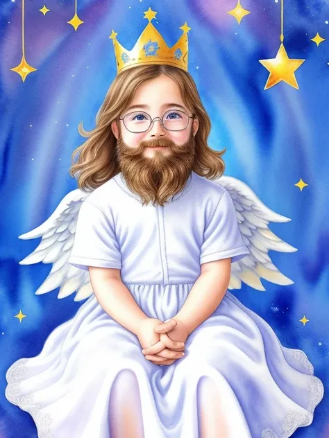 chibi、beard, glasses, watercolor、children's angel、image of sitting on a soft cloud。the background is a clear blue sky、a rainbow ...