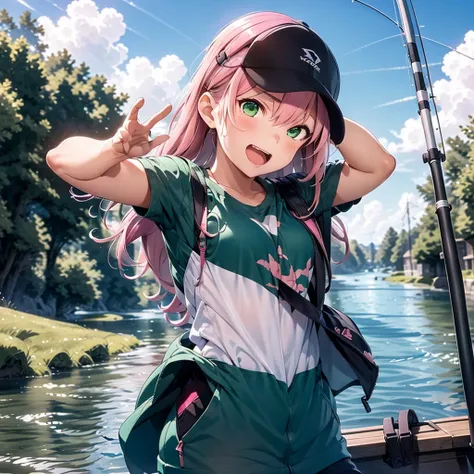 (1 girl: 1.1) ,((pink hair)),((green eyes)), angler, with fish, expression of joy, hat, river, fishing poles on a boat