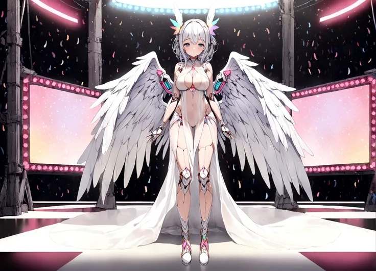 a robotic angel (Based on a lovely woman, sheer white airy gown, obvious mechanical sections and joints, neon high lights and indicator lights, angel wings with rainbow colored feathers) is posing on a futuristic stage, the phone number to order her is pri...