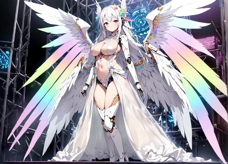 a robotic angel (Based on a lovely woman, sheer white airy gown, obvious mechanical sections and joints, neon high lights and indicator lights, angel wings with rainbow colored feathers) is posing on a futuristic stage, the phone number to order her is pri...