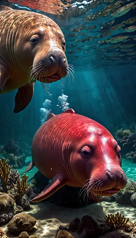 The best quality of the red dugong with a human face under the water，4K，8K，High level，masterpiece：1.2），Ultra Detailed，（lifelike，Photo real，Photo real：1.37），Highly detailed animals，Complex patterns，Realistic lighting，Fantasy Creatures