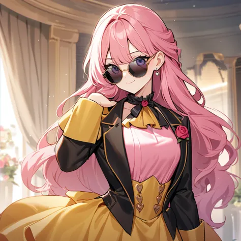 The theme is a Beauty and the Beast,(one orangutan character,wearing dinner jacket,wearing sunglasses,muscle),((one human girl wearing dress,pink long hair,cute,beautiful,lovely)),