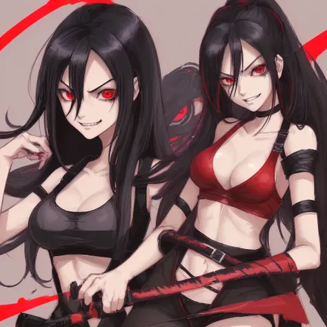 Anime girl with black hair, red eyes and red background, Portrait of Tifa Lockhart, evil grin, katana zero video game character, sly smile, [[[[grinning evilly]]]], stupidly, 1 7 year old anime goth girl, Anime character, female Anime character, evil eye e...