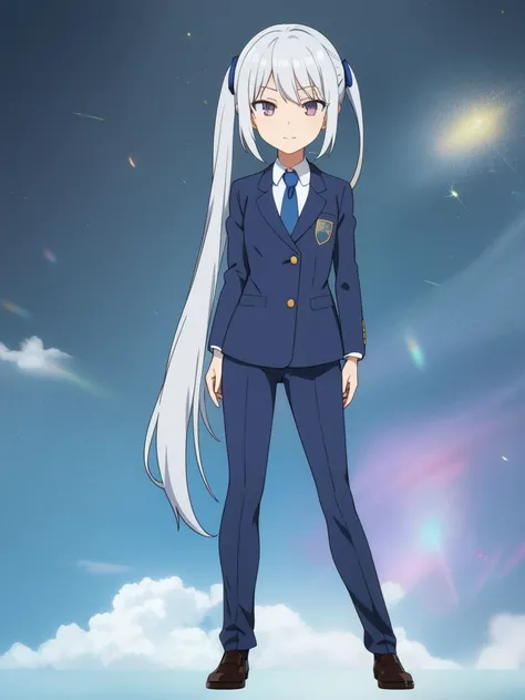 1girl, anime girl, silver hair, long twintails, silver eyes, dark blue school suit, closed mouth small smile, small closing eyes