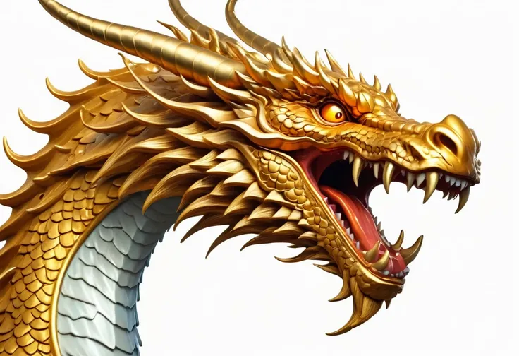 A golden oriental dragon，Golden Dragon，Golden faucet，Horns on the head，fear，Scary，Huge teeth，ferocious，（((side view：1.5))），White background，cartoon，Second Dimension