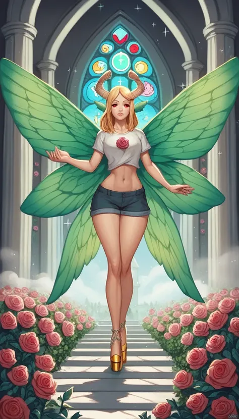 mature_naruto, YorForger, jewelry, looking at the viewer, hollow, abyss, church, catholic, angel,fairy,universe, glitter, holo, mary, glint, gradient, overlay, shadow, grand, flowers, sparkle flowers, golden hair, (wings), full body, midriff, shirt, red ey...