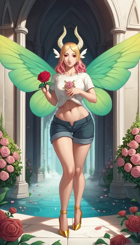 mature_naruto, YorForger, jewelry, looking at the viewer, hollow, abyss, church, catholic, angel,fairy,universe, glitter, holo, mary, glint, gradient, overlay, shadow, grand, flowers, sparkle flowers, golden hair, (wings), full body, midriff, shirt, red ey...