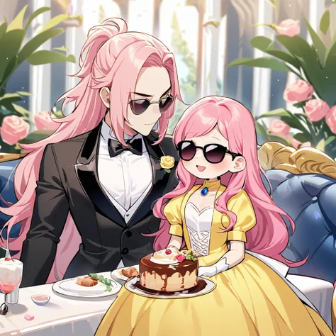 The theme is a Beauty and the Beast,(one orangutan character,wearing dinner jacket,wearing sunglasses,muscle),((one human girl wearing dress,pink long hair,cute,beautiful,lovely)),