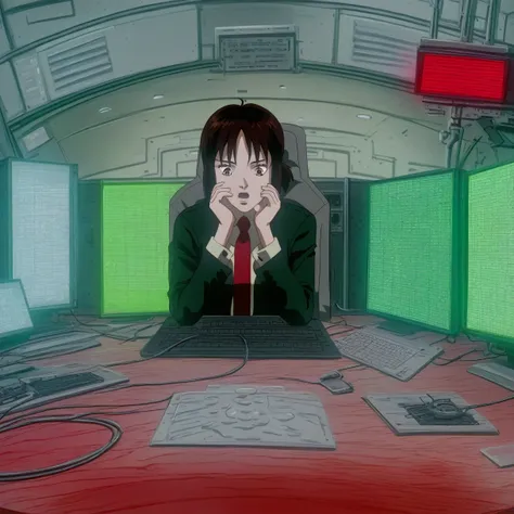 score_9,sauce_anime,One girl,alone,whole body,Red tie,Green Business Suit,Black,Brown eyes,Short Ponytail,Strobe light,Red light,Green traffic light,Shining Eyes,Look down,avert your eyes,Tilt your head forward,screen reflection,Sitting,Open your mouth,I a...