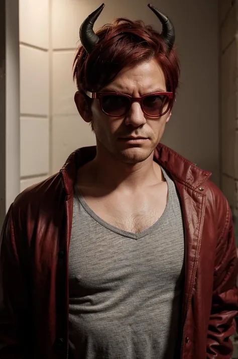 Man, short, dark red hair, wearing punk glasses on his head, wearing red horns, wearing dark red clothes, wearing a jacket tied across the chest, has an indifferent face