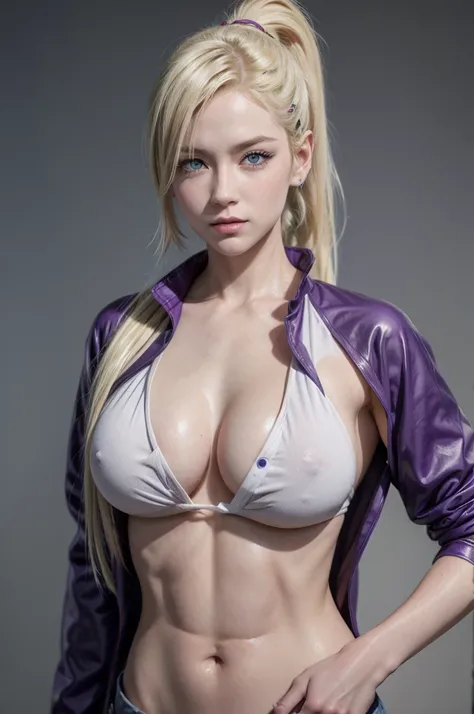 Ino from naruto, realistic, age 25, pure white skin, blue pupils, blonde ponytail hair, side fall hair, front button purple ninja jacket, perfect face, perfect shape body, above large breasts, clothes covered upper body, 3d .