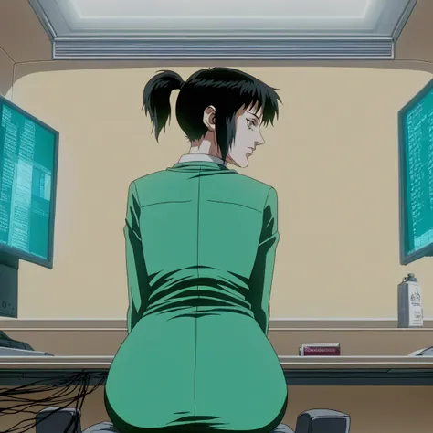 score_9,sauce_anime,one girl,alone,looking back,,i am praying,association,green business suit,black,short ponytail,strobe light,...