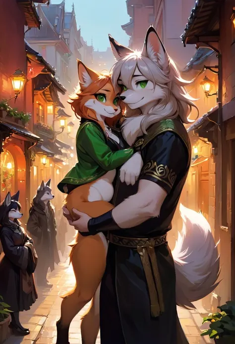 (by hioshiru and kenket and dimwitdog, michael amp inessa garmash, ruan jia, pino daeni, chunie), arctic fox, anthro, very chubby,green eyes, hair, fluffy tail , male , city background ,bedroom ,black royal clothes , king, standing, smiling, ring on finger...