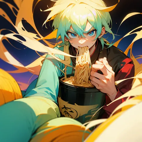 anime man angrily eating noodles from a cup, hallucinating, multiple colors