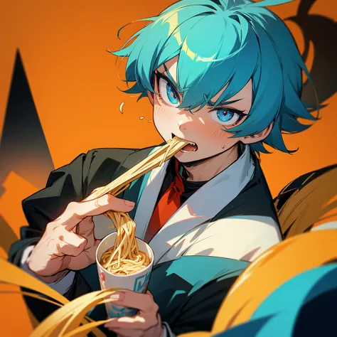 anime man angrily eating noodles from a cup, hallucinating, multiple colors