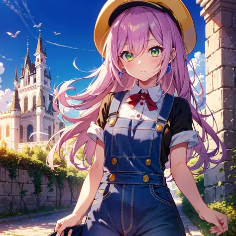 mario_costume,mario_hat,mario_overall,castle,TOKOYAMI_TOWA,pink_purple_hair,light_yellow_green_eyes,1_beautiful_girl,beautiful,cute_face,best_quality,good_anatomy