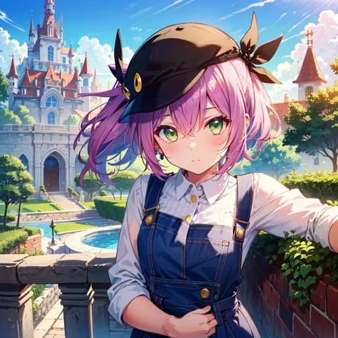 mario_costume,mario_hat,mario_overall,castle,TOKOYAMI_TOWA,pink_purple_hair,light_yellow_green_eyes,1_beautiful_girl,beautiful,cute_face,best_quality,good_anatomy