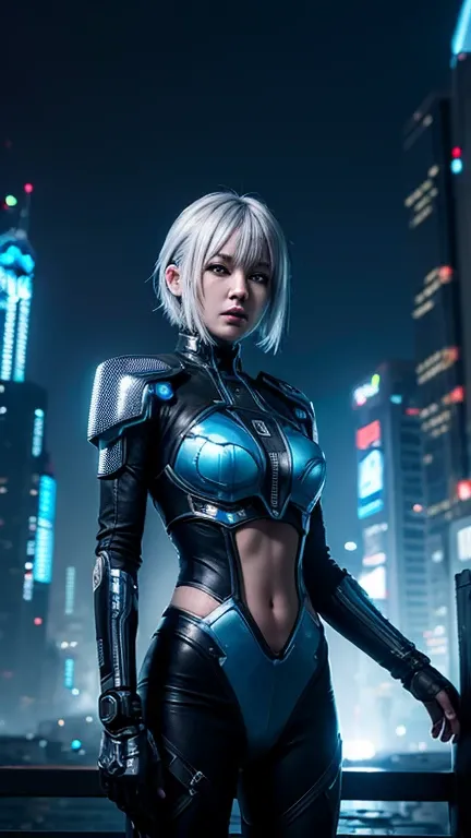 Cyberpunk female character in a futuristic ruin city setting. short silver hair, blue eyes. Wearing partial cybernetic shiny silver armor with glowing blue accents. Urban night background with pop smoke in Asian characters. Highly detailed digital art styl...